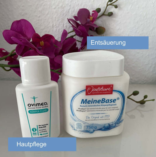 Produkte aus dem Set Glow-up für den Körper: Ovimed Körperfluid sowie Jentschura MeineBase