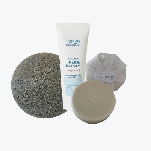 Bundle enthält folgende Produkte: MeraSan Rügener Kreidebalsam 80 mlLa Sapo Shampoo-Bar „Tante Milli“ 65gLa Sapo Duschbutter de Luxe 75g