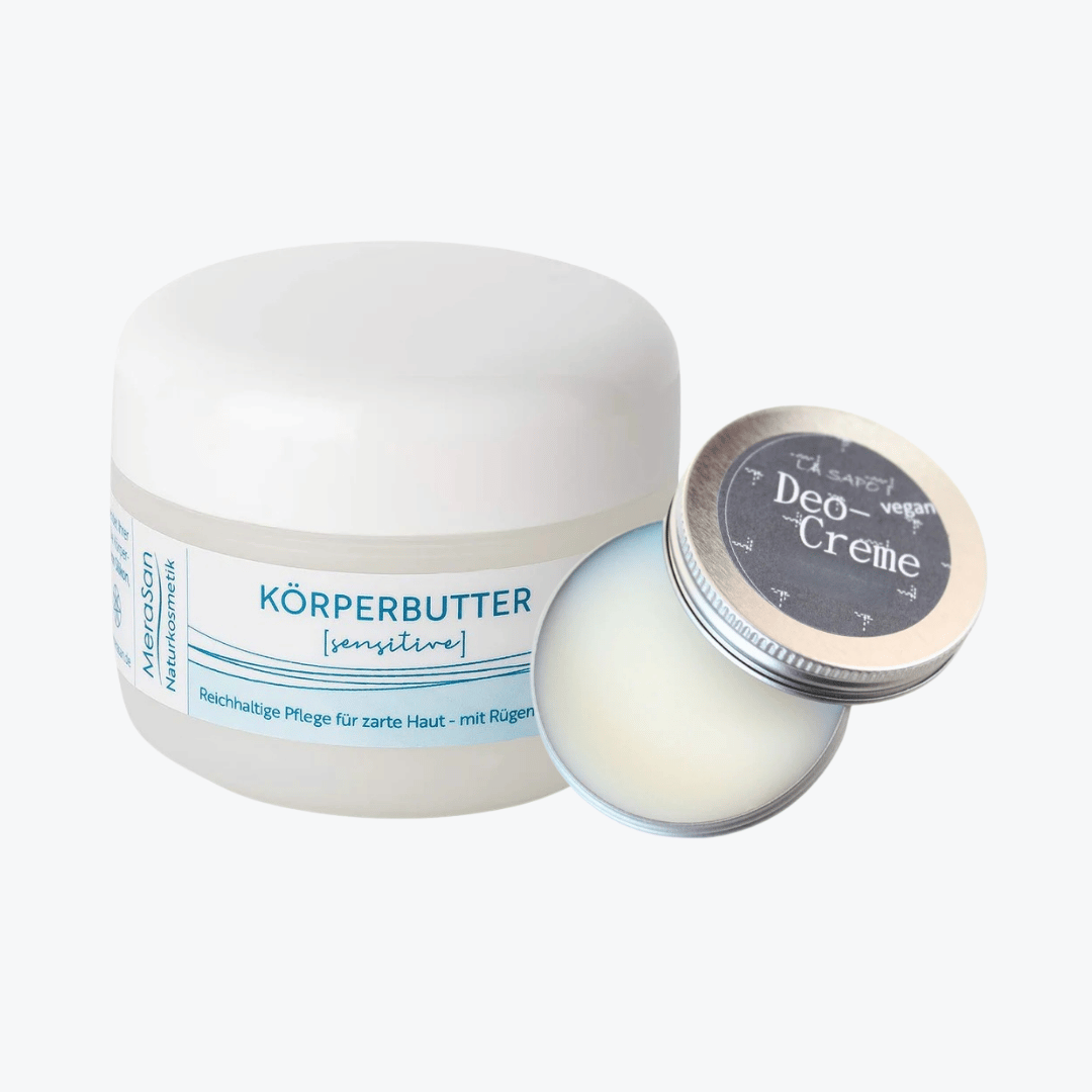 Bundle enthält folgende Produkte: 
La Sapo Deocreme 30gMeraSan Körperbutter Sensitive Parfümfrei 50ml