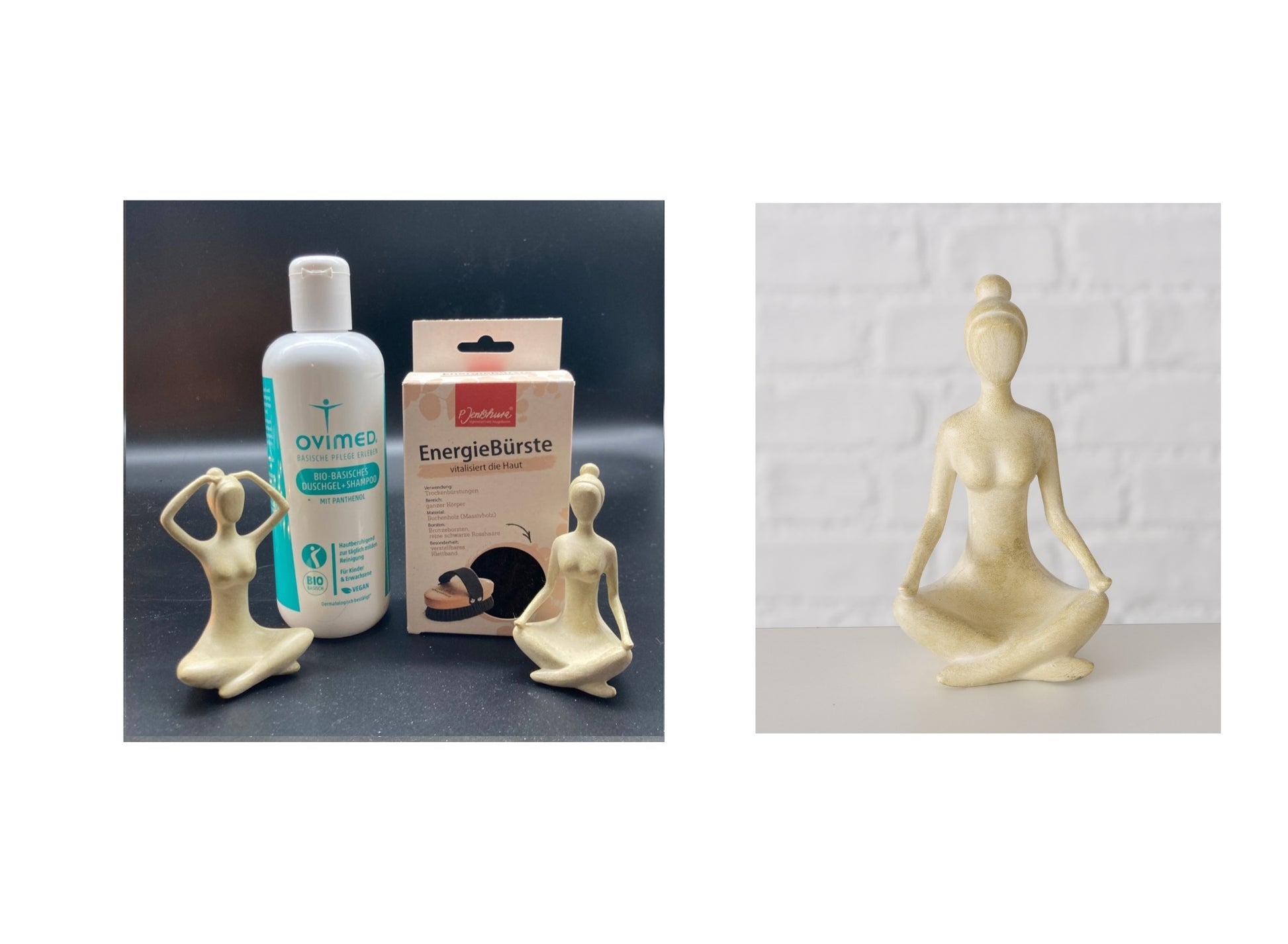 Im Set: Ovimed Duschgel- und Shampoo, Energiebürste von Jentschura & Yoga-Figur gratis