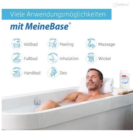 Mann macht ein basisches Bad; Anzeige von Anwendungsmöglichkeiten von Jentschura MeineBase: Voolbad, Fu bad, Handbad etc.